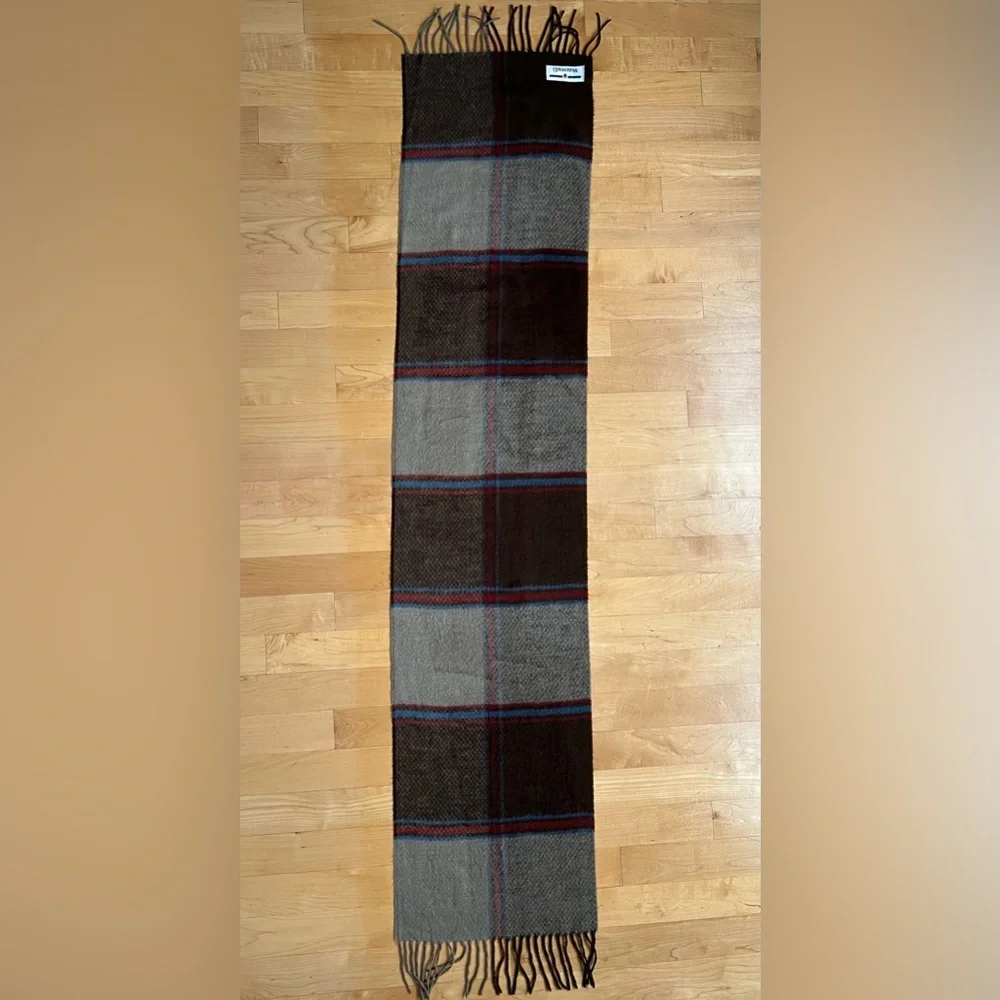 🐑Woodward Plaid Cashmere Wool Fringed Scarf | Taupe Brown Blue + Red